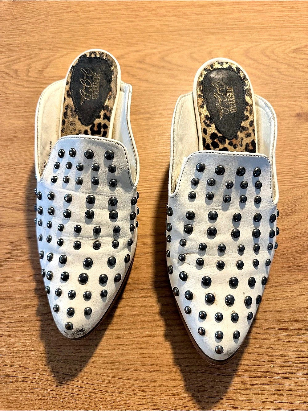 JustFab Studded Pointed-Toe Mules in Silver